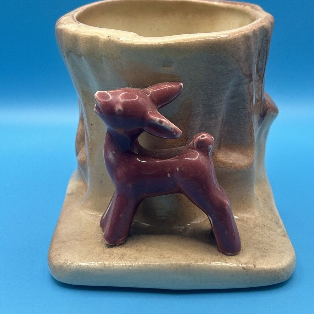 Vtg Pottery Maroon Deer By Tree Stump Planter, Collectible Grow bamboo Unmarked